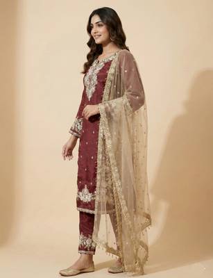 Maroon designer pure jimmy choo silk sequins embroidered work readymade suit 2