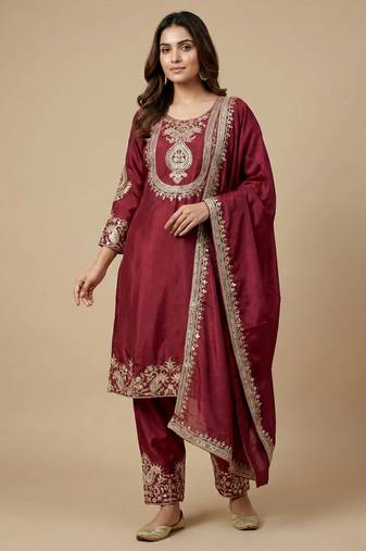 Maroon designer chinon sequins embroidered work readymade suit