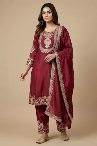Maroon designer chinon sequins embroidered work readymade suit