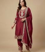 Maroon designer chinon sequins embroidered work readymade suit