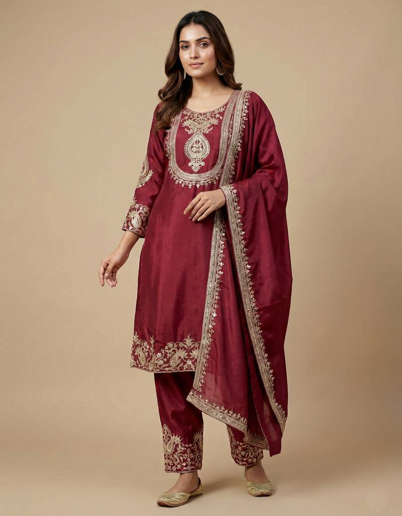 Maroon designer chinon sequins embroidered work readymade suit
