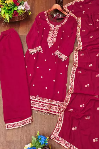 Pink designer blooming vichitra silk sequins embroidered work readymade suit