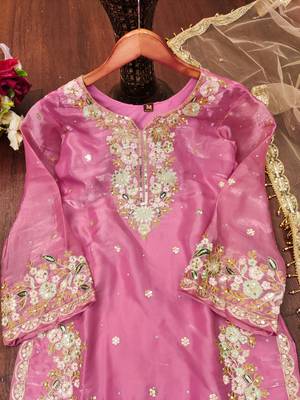 Pink designer pure jimmy choo silk sequins embroidered work readymade suit 4