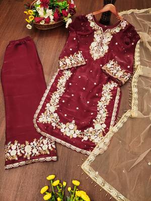Maroon designer pure jimmy choo silk sequins embroidered work readymade suit 3