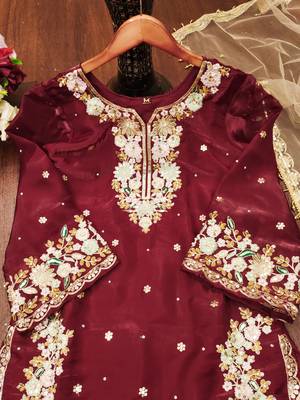 Maroon designer pure jimmy choo silk sequins embroidered work readymade suit 4
