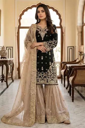 Black designer heavy gmy silk sequins embroidered work readymade suit