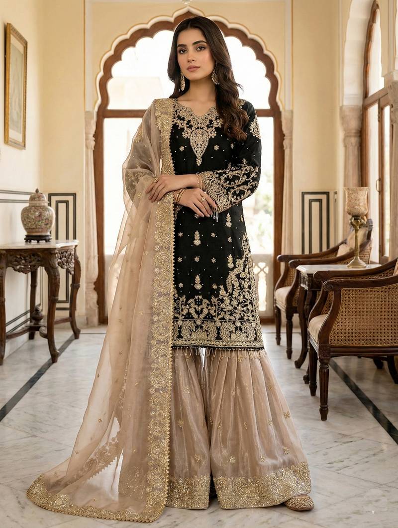 Black designer heavy gmy silk sequins embroidered work readymade suit