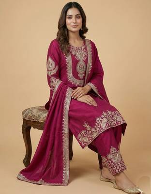 Pink designer chinon sequins embroidered work readymade suit 2