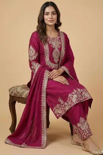 Pink designer chinon sequins embroidered work readymade suit