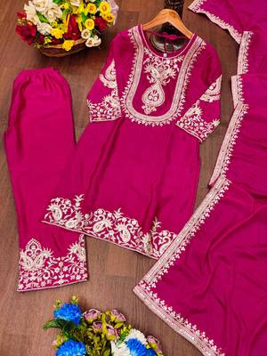 Pink designer chinon sequins embroidered work readymade suit 3