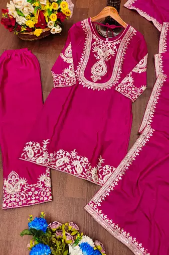 Pink designer chinon sequins embroidered work readymade suit
