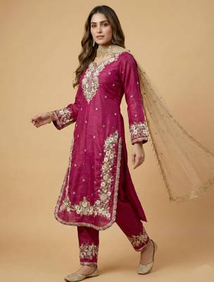 Rani pink designer pure jimmy choo silk sequins embroidered work readymade suit 2