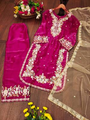 Rani pink designer pure jimmy choo silk sequins embroidered work readymade suit 3