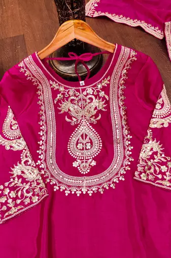 Pink designer chinon sequins embroidered work readymade suit