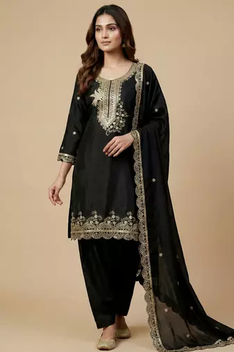 Black designer chinon sequins embroidered work readymade suit