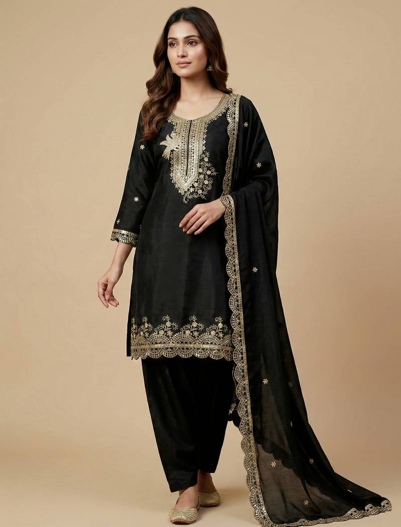 Black designer chinon sequins embroidered work readymade suit