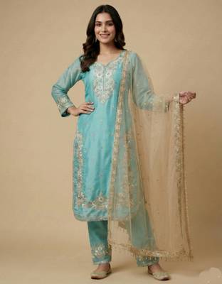 Sky blue designer pure jimmy choo silk sequins embroidered work readymade suit 2