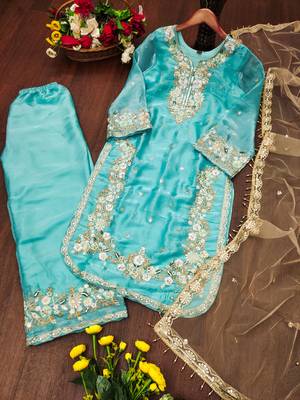 Sky blue designer pure jimmy choo silk sequins embroidered work readymade suit 3