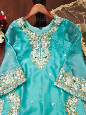 Sky blue designer pure jimmy choo silk sequins embroidered work readymade suit 4