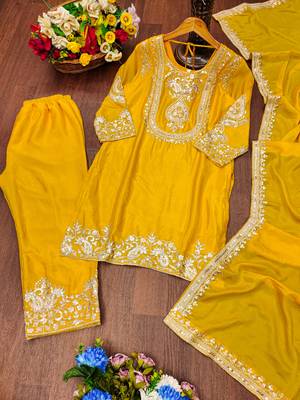 Yellow designer chinon sequins embroidered work readymade suit 3