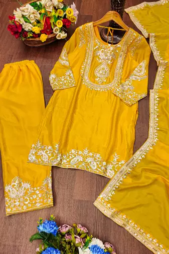 Yellow designer chinon sequins embroidered work readymade suit
