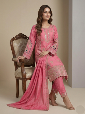 Pink designer chinon sequins embroidered work readymade suit 2