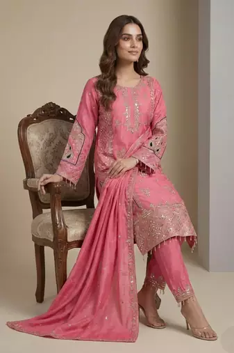 Pink designer chinon sequins embroidered work readymade suit