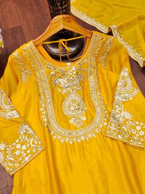 Yellow designer chinon sequins embroidered work readymade suit 4