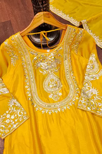 Yellow designer chinon sequins embroidered work readymade suit