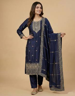 Navy blue designer chinon sequins embroidered work readymade suit 2
