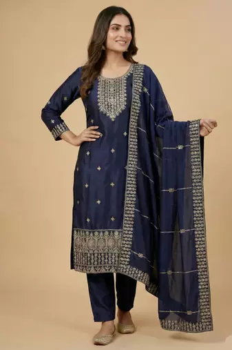 Navy blue designer chinon sequins embroidered work readymade suit