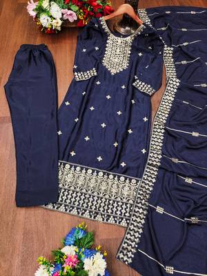 Navy blue designer chinon sequins embroidered work readymade suit 3