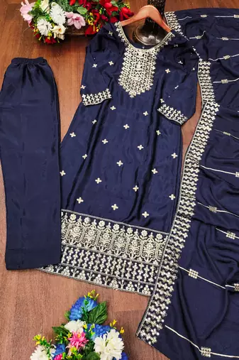 Navy blue designer chinon sequins embroidered work readymade suit