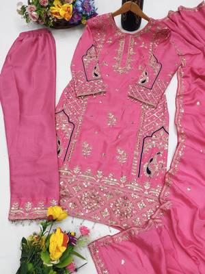 Pink designer chinon sequins embroidered work readymade suit 3
