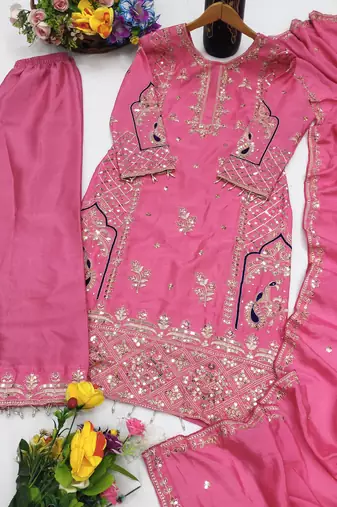 Pink designer chinon sequins embroidered work readymade suit