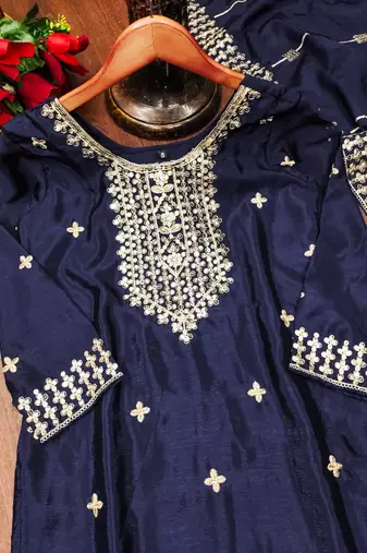 Navy blue designer chinon sequins embroidered work readymade suit