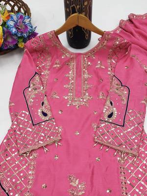 Pink designer chinon sequins embroidered work readymade suit 4