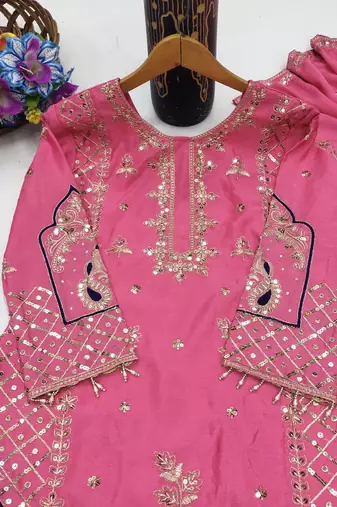 Pink designer chinon sequins embroidered work readymade suit