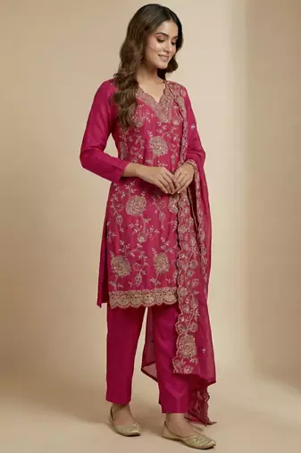 Pink designer chinon sequins embroidered work readymade suit