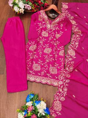Pink designer chinon sequins embroidered work readymade suit 3