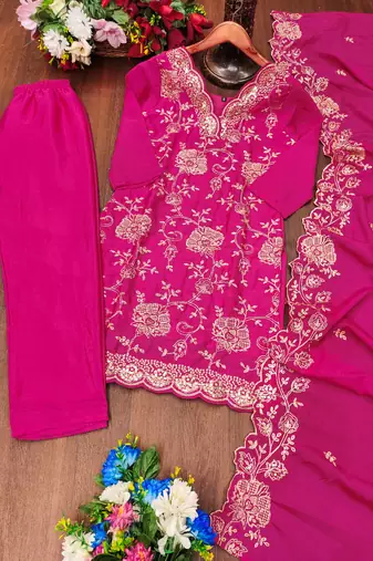 Pink designer chinon sequins embroidered work readymade suit