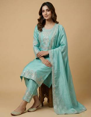 Sky blue designer chinon sequins embroidered work readymade suit 2