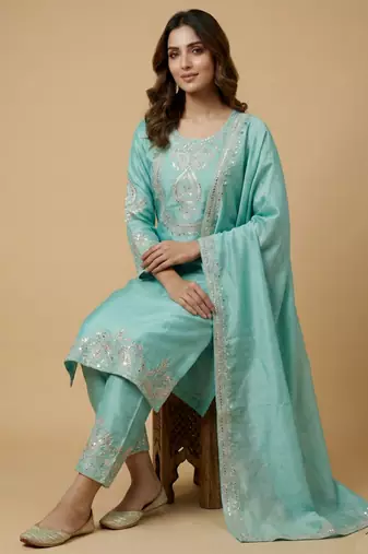 Sky blue designer chinon sequins embroidered work readymade suit