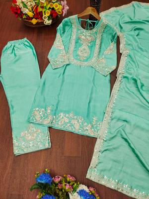 Sky blue designer chinon sequins embroidered work readymade suit 3