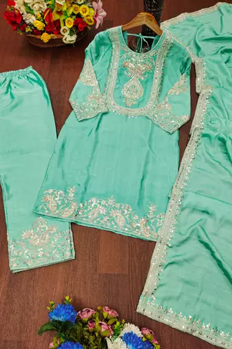 Sky blue designer chinon sequins embroidered work readymade suit