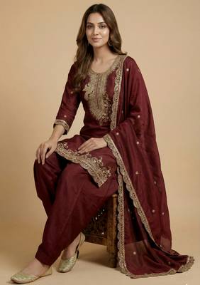 Maroon designer chinon sequins embroidered work readymade suit 2