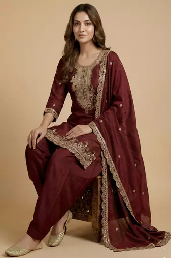 Maroon designer chinon sequins embroidered work readymade suit