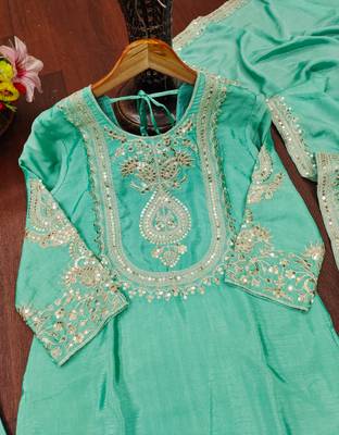 Sky blue designer chinon sequins embroidered work readymade suit 4
