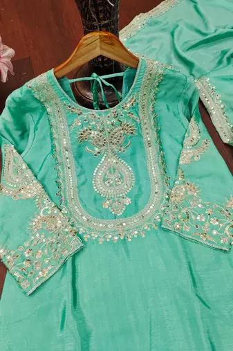 Sky blue designer chinon sequins embroidered work readymade suit