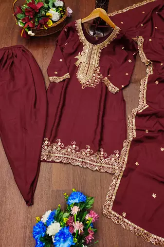 Maroon designer chinon sequins embroidered work readymade suit